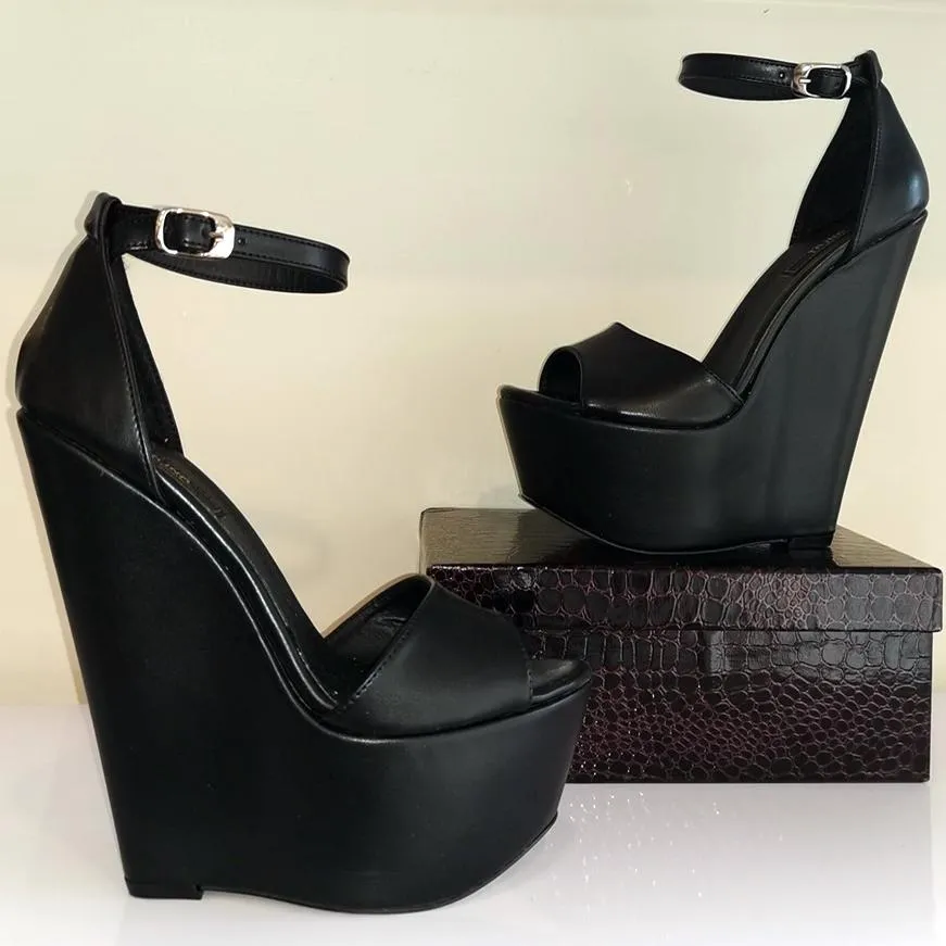 Black Peep Toe Ankle Strap Wedge