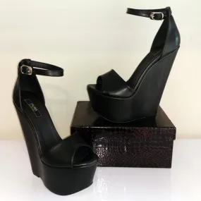 Black Peep Toe Ankle Strap Wedge