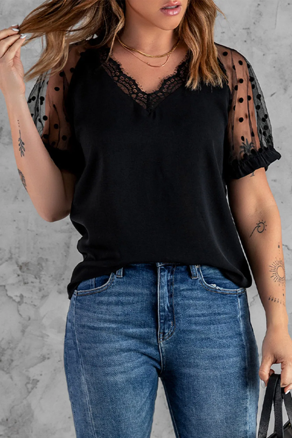 Black Polka Dot Short Sleeve Blouse