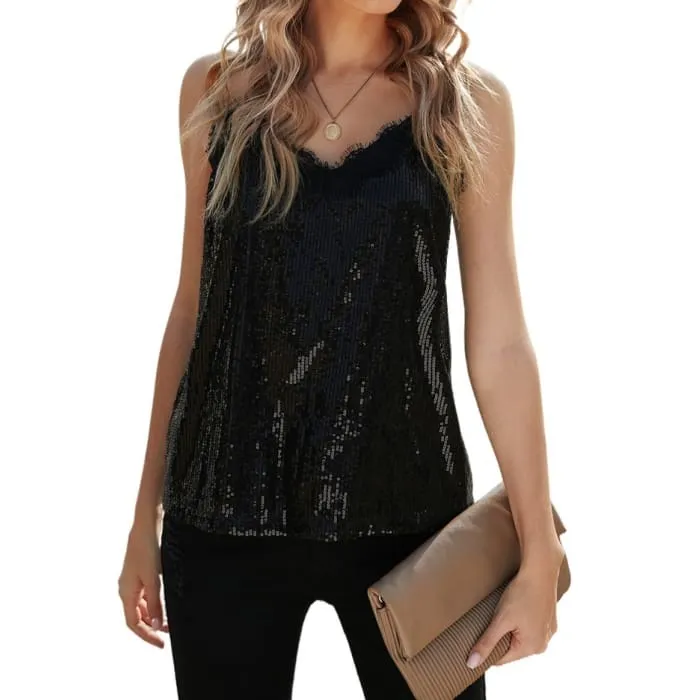 Black Sequin Lace Trim Cami