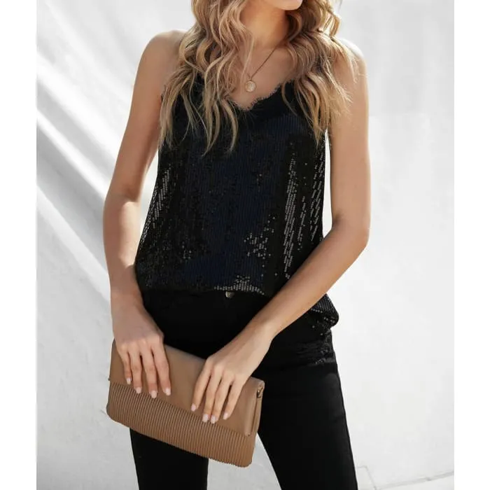 Black Sequin Lace Trim Cami