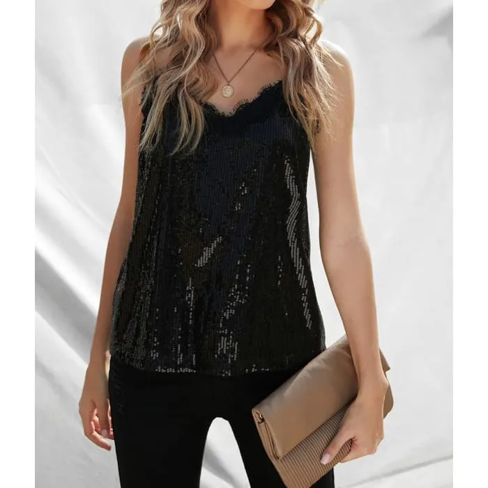 Black Sequin Lace Trim Cami