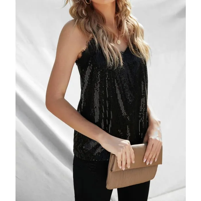 Black Sequin Lace Trim Cami