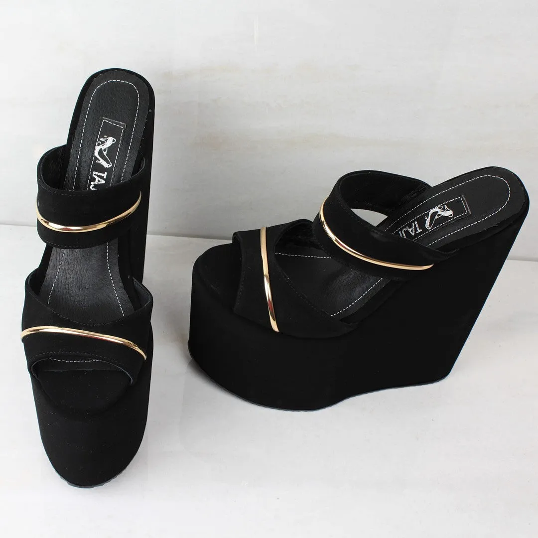 Black Suede Golden Ankle Wedge Mules