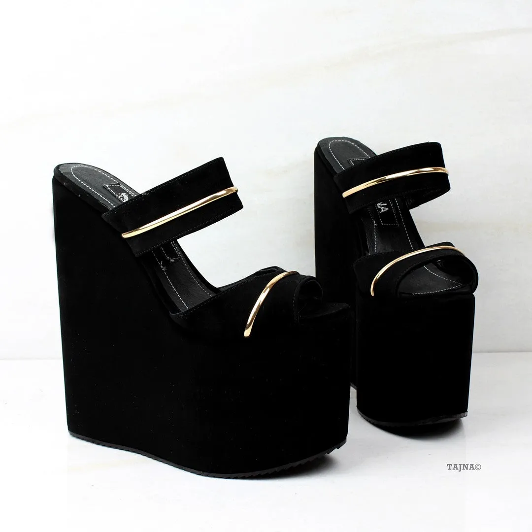 Black Suede Golden Ankle Wedge Mules