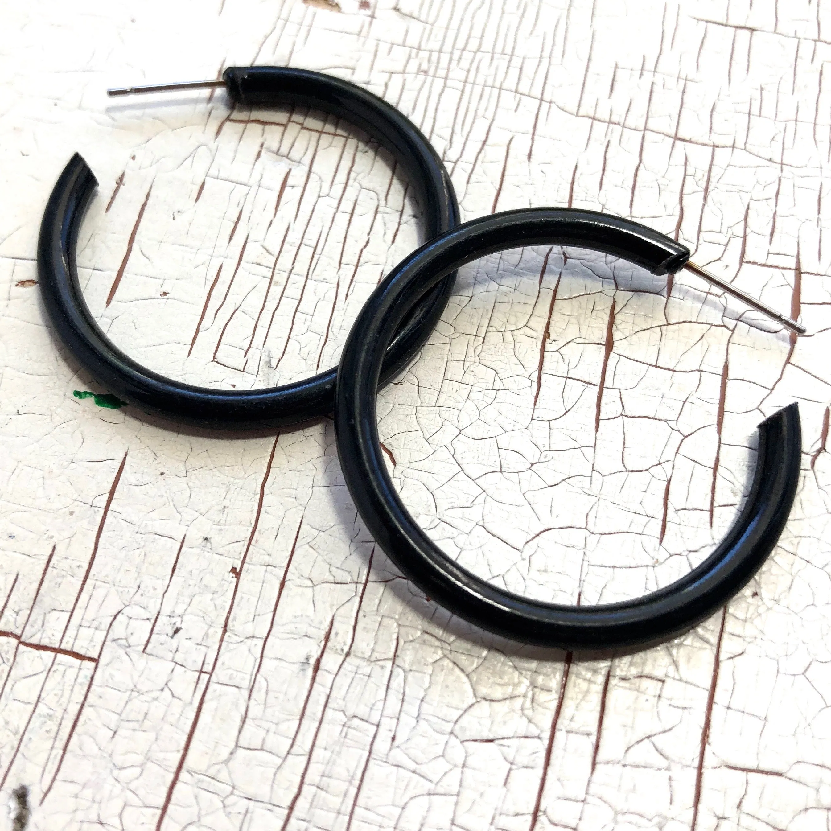 Black Vintage Plastic Large Skinny Tube Hoops *AS IS