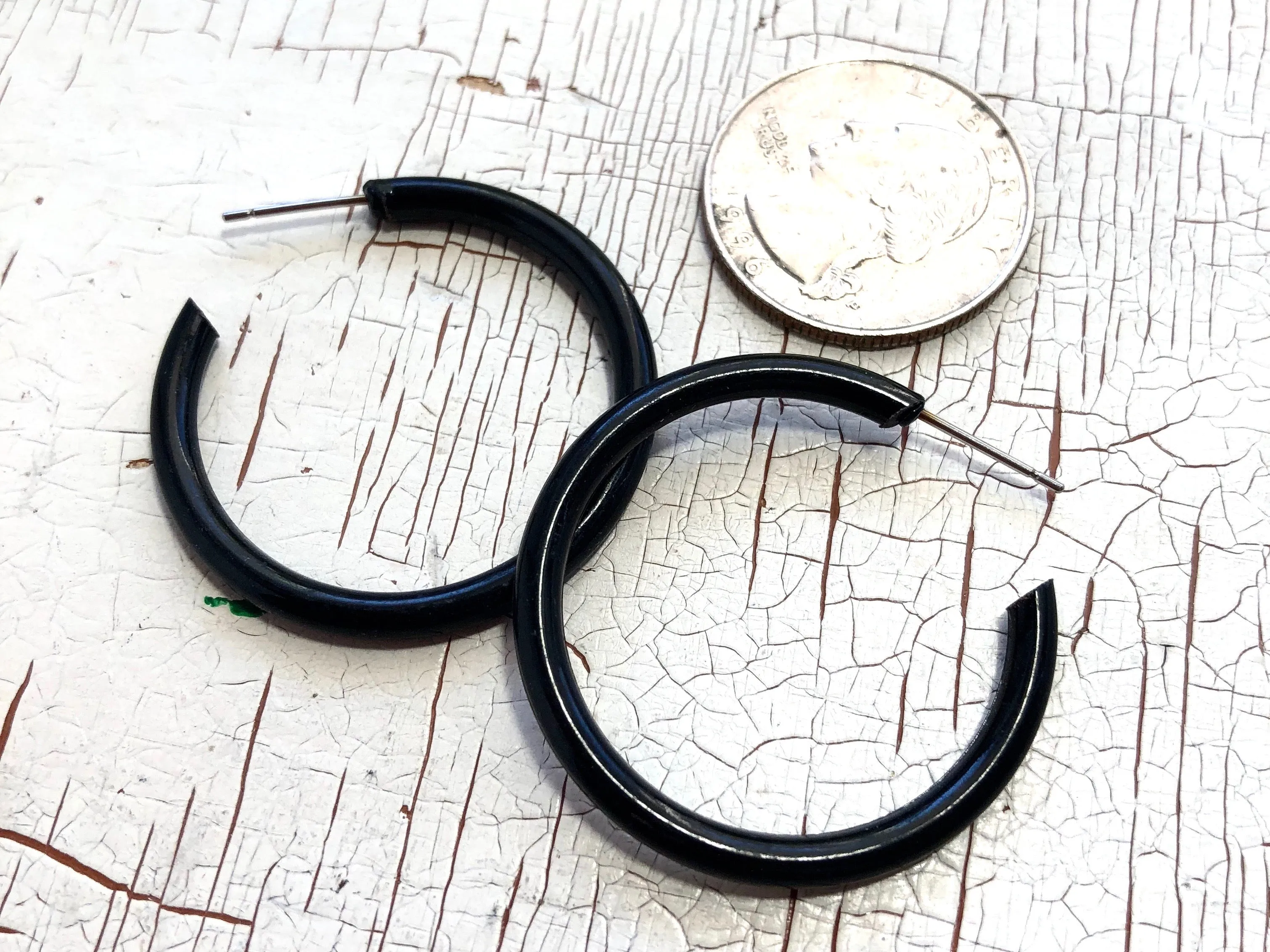 Black Vintage Plastic Large Skinny Tube Hoops *AS IS