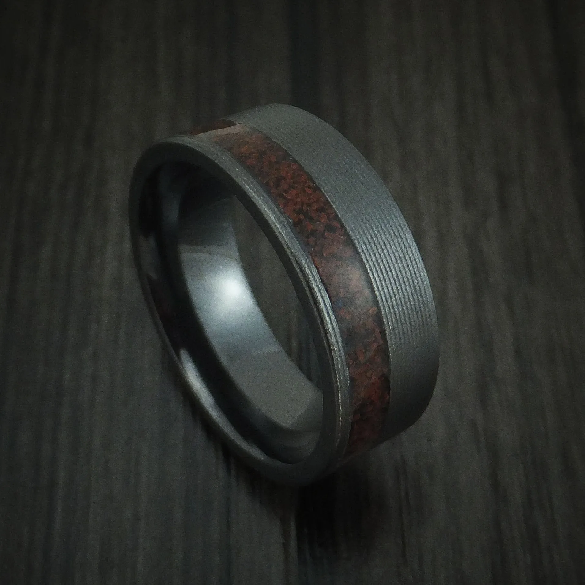 Black Zirconium and Red Dinosaur Bone Men's Ring Custom Made Fossil Band