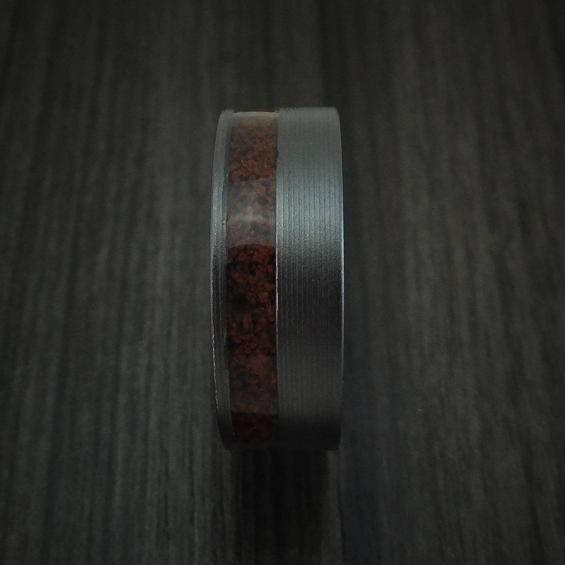 Black Zirconium and Red Dinosaur Bone Men's Ring Custom Made Fossil Band