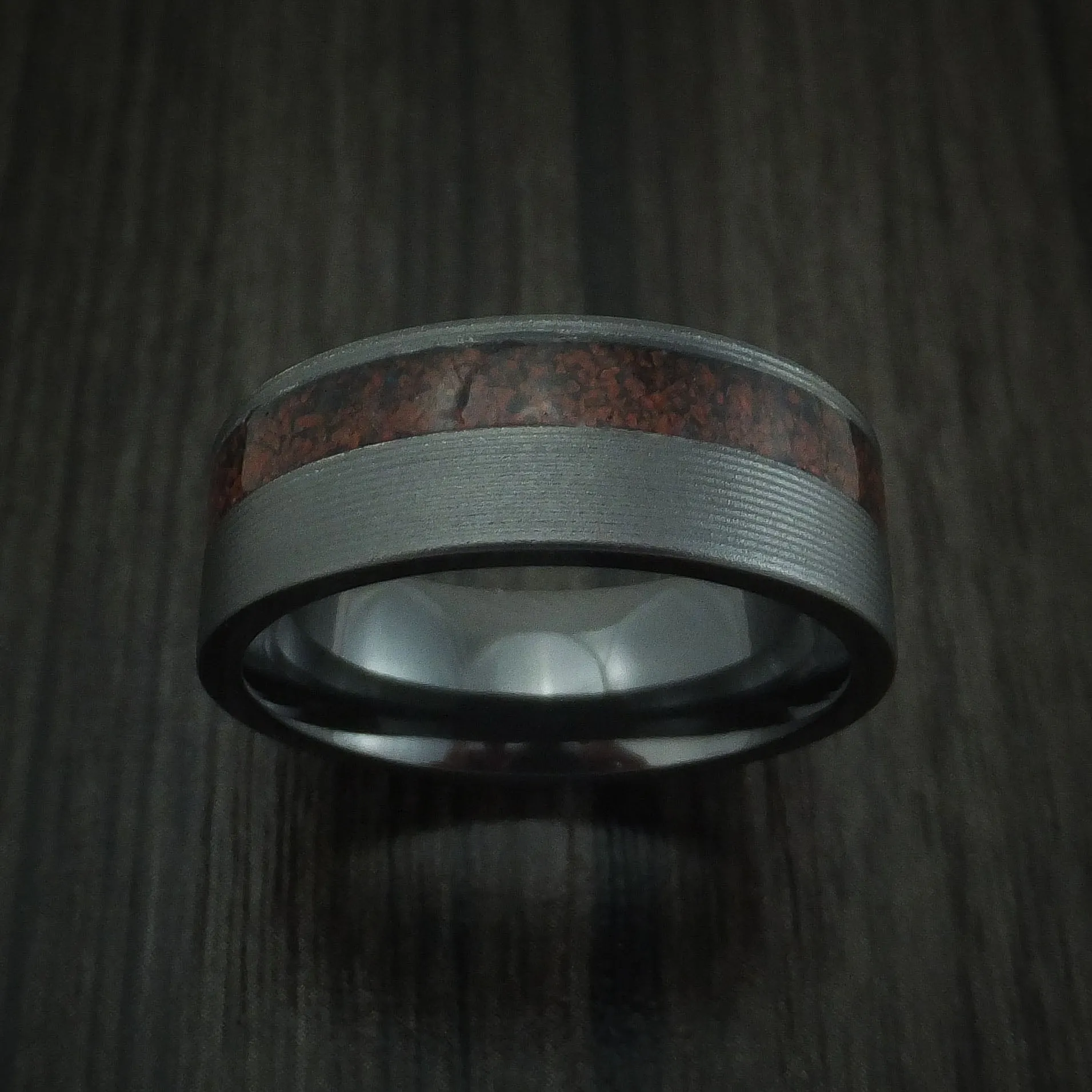 Black Zirconium and Red Dinosaur Bone Men's Ring Custom Made Fossil Band