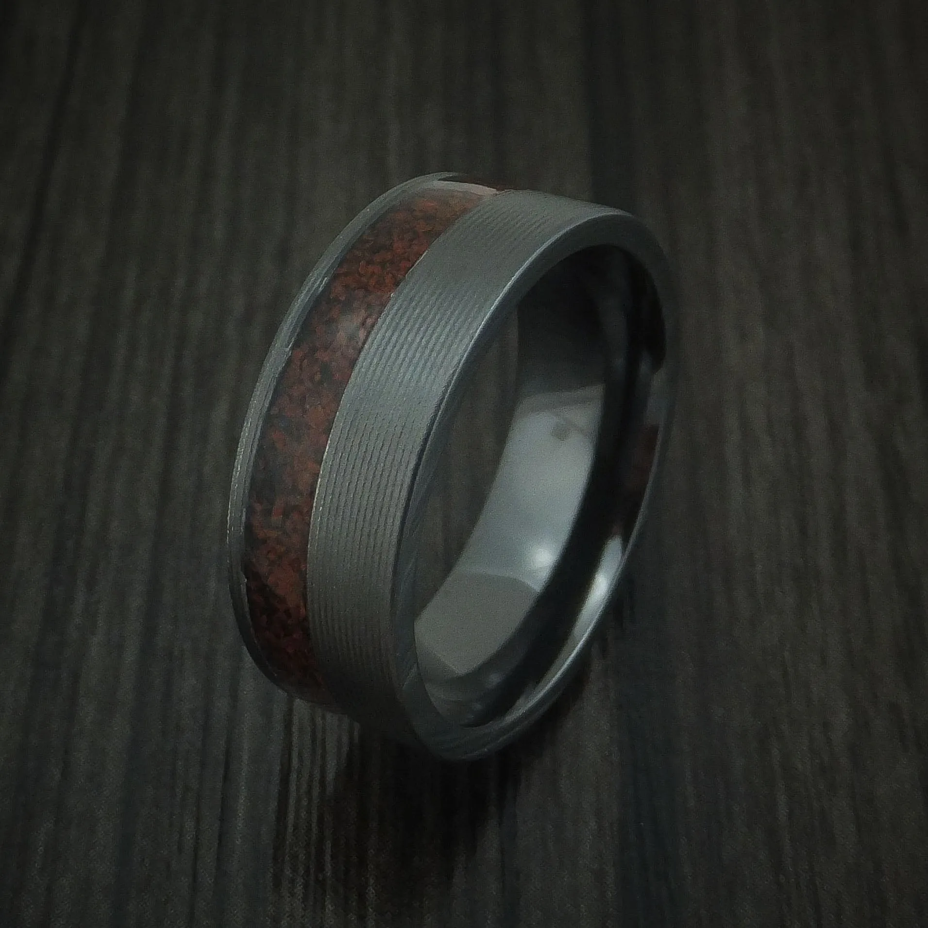 Black Zirconium and Red Dinosaur Bone Men's Ring Custom Made Fossil Band