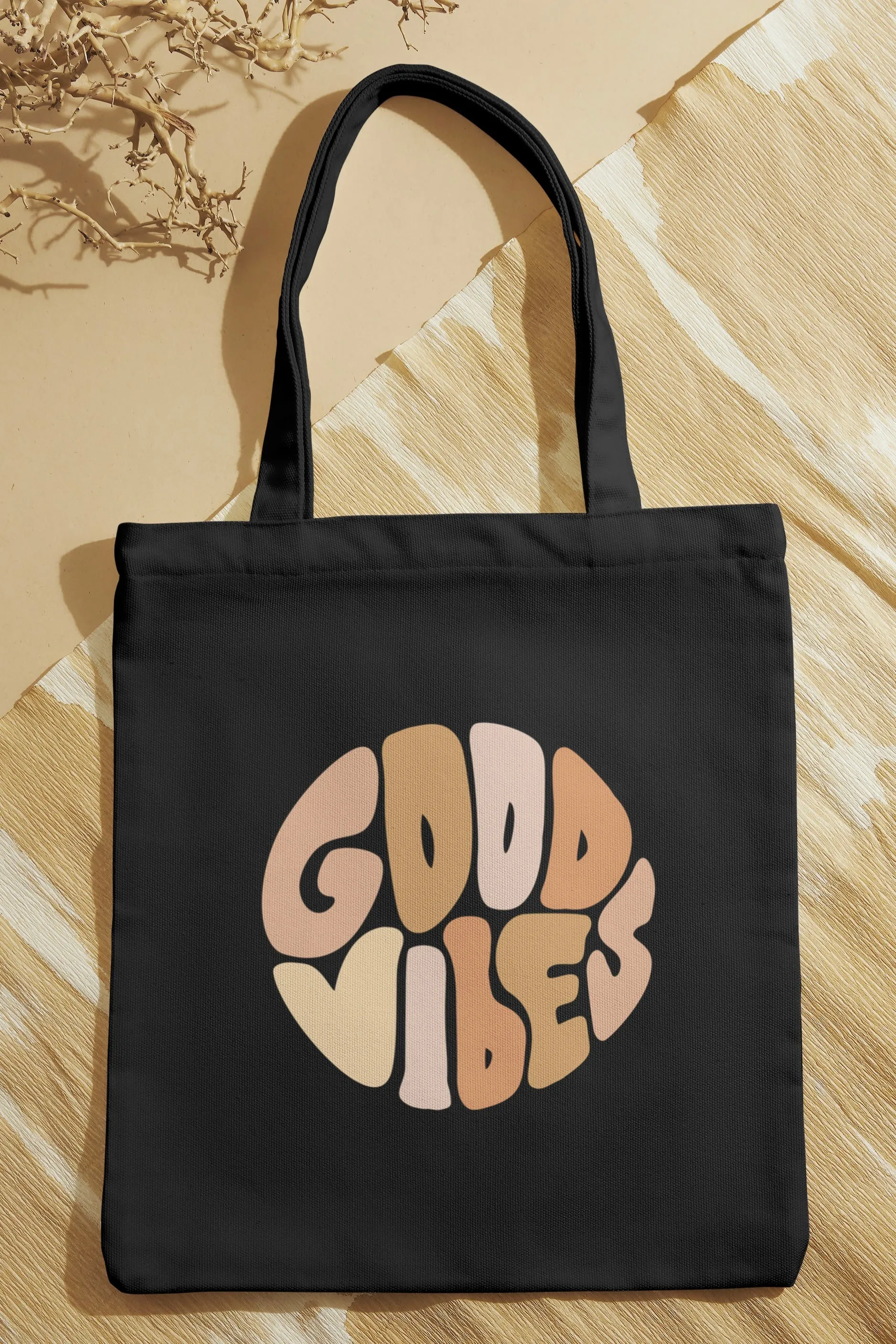 Black/White Good Vibes Tote Bag with Zipper