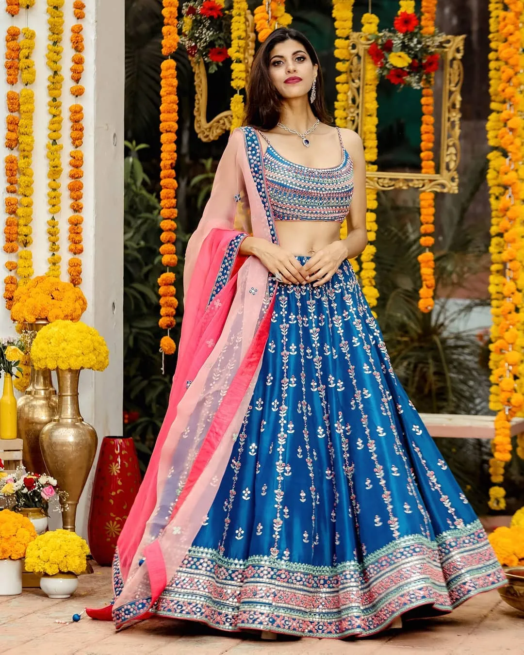 BLUE MULTI EMBROIDERED CHINON SILK LEHENGA CHOLI