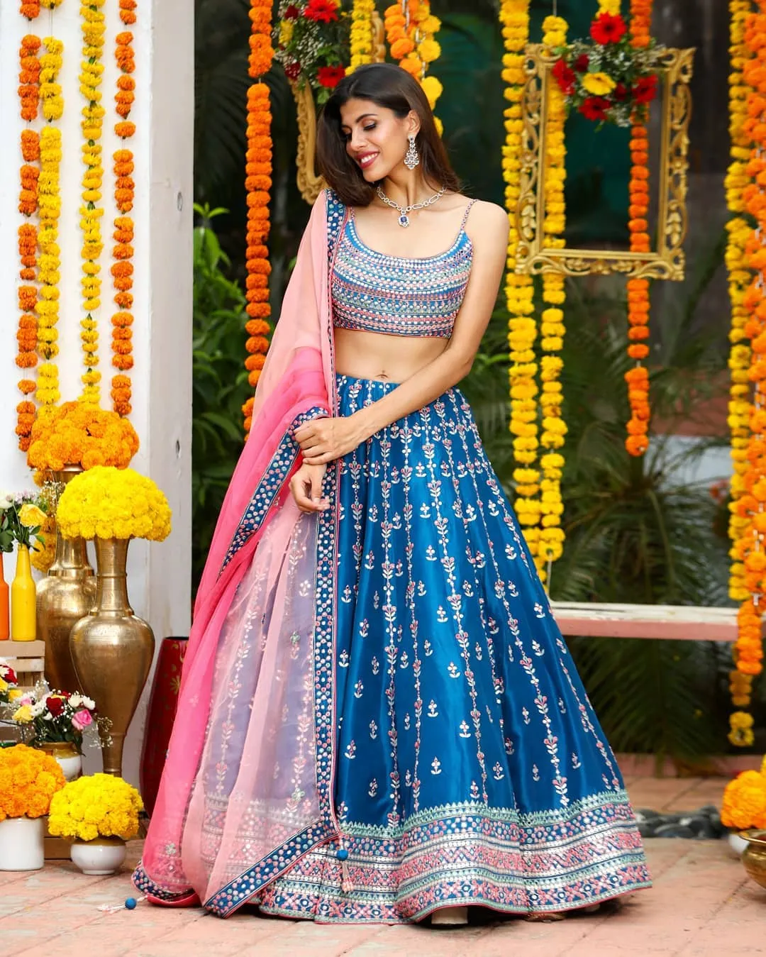 BLUE MULTI EMBROIDERED CHINON SILK LEHENGA CHOLI