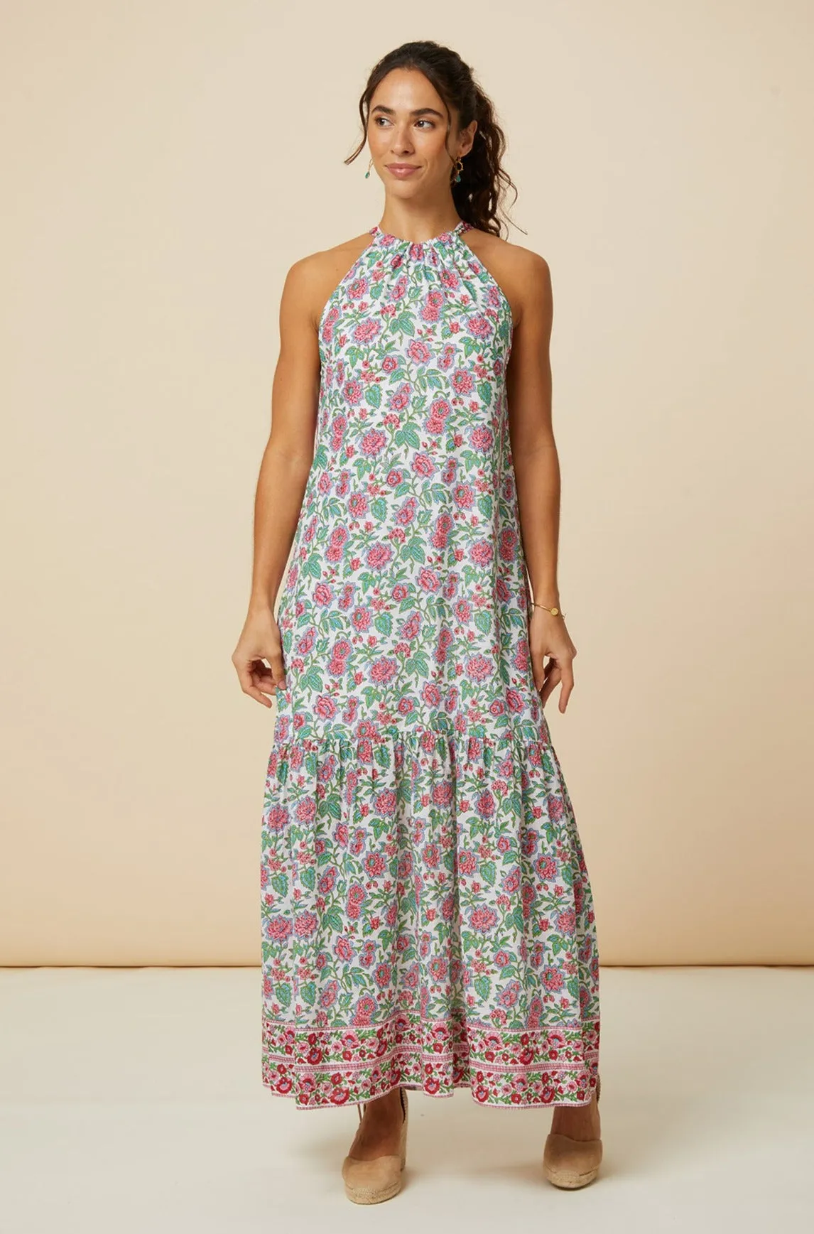 Bonnie Halter Block Print Maxi Dress | Pink/Green