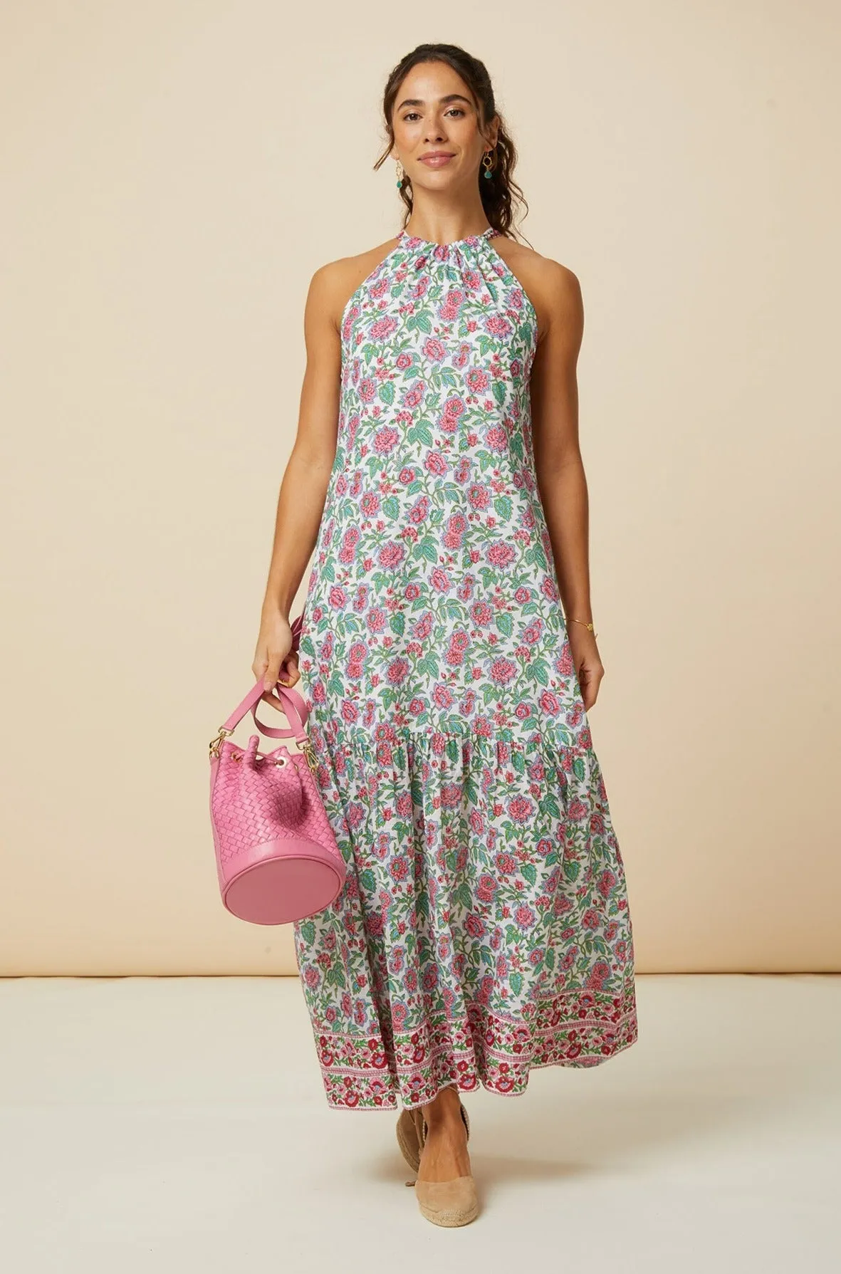 Bonnie Halter Block Print Maxi Dress | Pink/Green