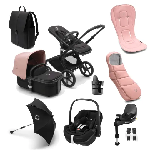 Bugaboo Fox 5, Pebble 360 PRO Ultimate Travel System - Black/Midnight Black/Morning Pink