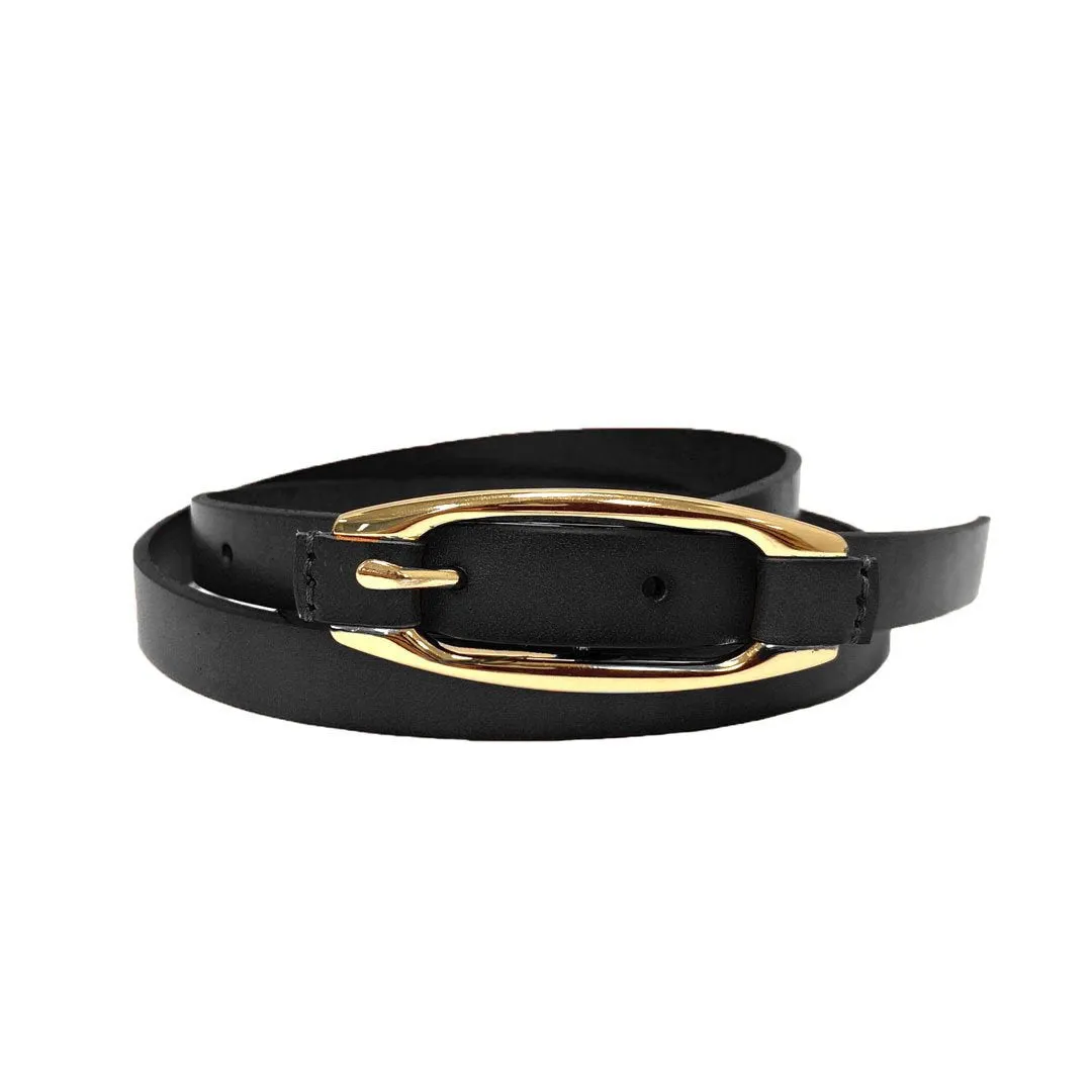 CADIA - Women's Black Genuine Leather Skinny Belt with Oval Gold Buckle