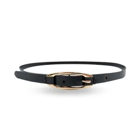 CADIA - Women's Black Genuine Leather Skinny Belt with Oval Gold Buckle