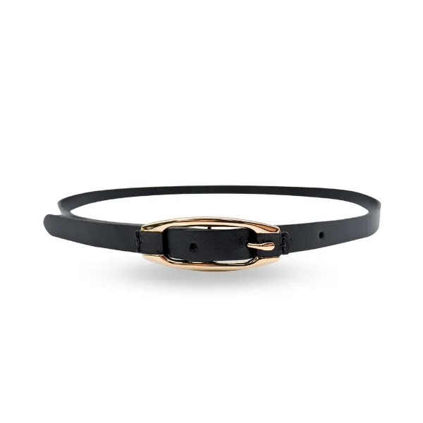 CADIA - Women's Black Genuine Leather Skinny Belt with Oval Gold Buckle