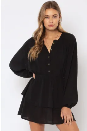 Candela Black LS Button Front Tiered Gauze Mini Dress