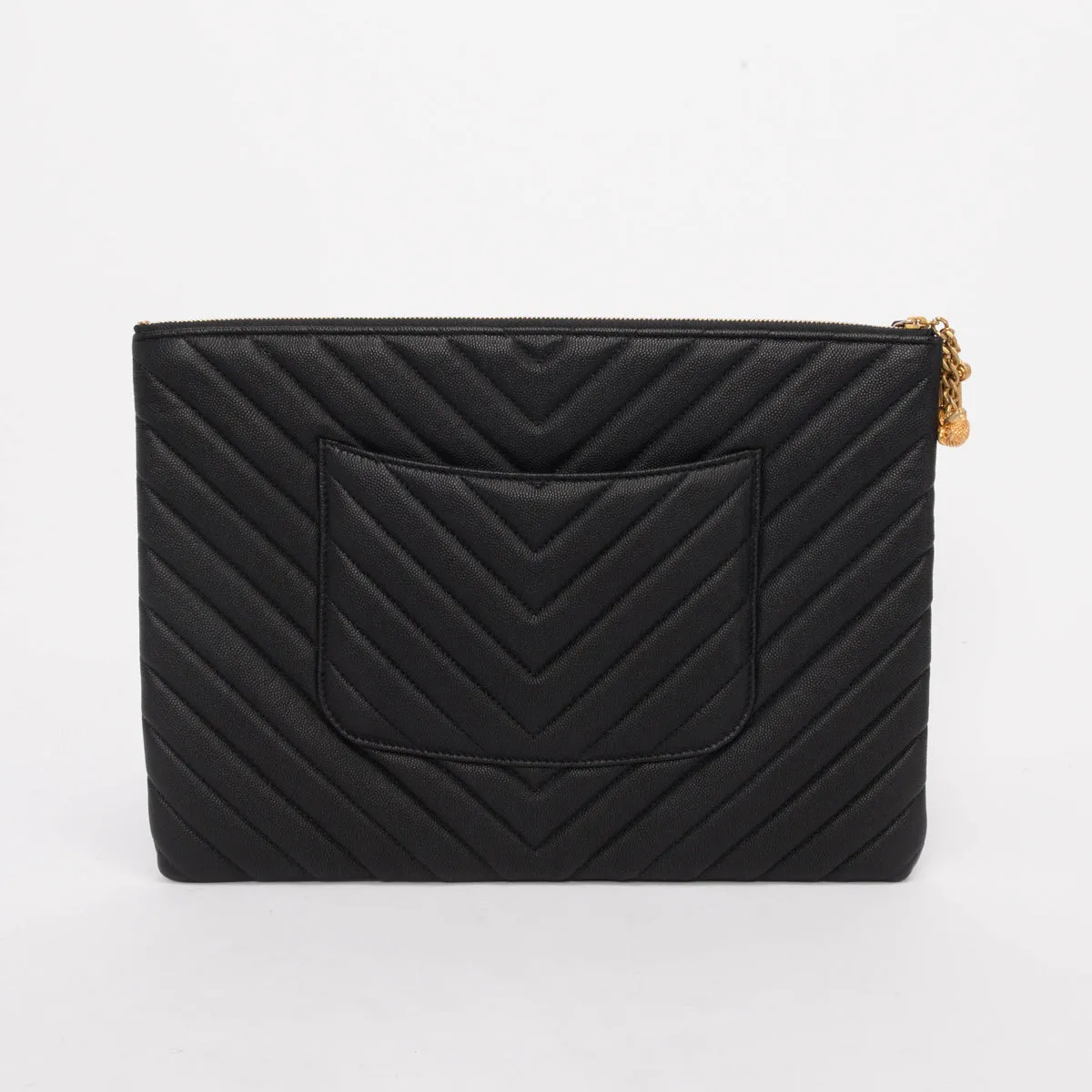 Chanel Black Chevron Caviar Large O Case Pouch