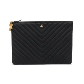 Chanel Black Chevron Caviar Large O Case Pouch