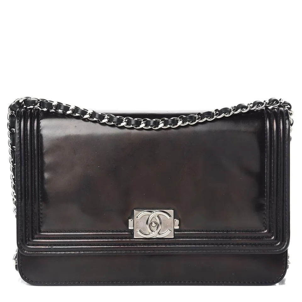 Chanel Boy Wallet on Chain Glazed Woc Black Calfskin Leather Shoulder Bag