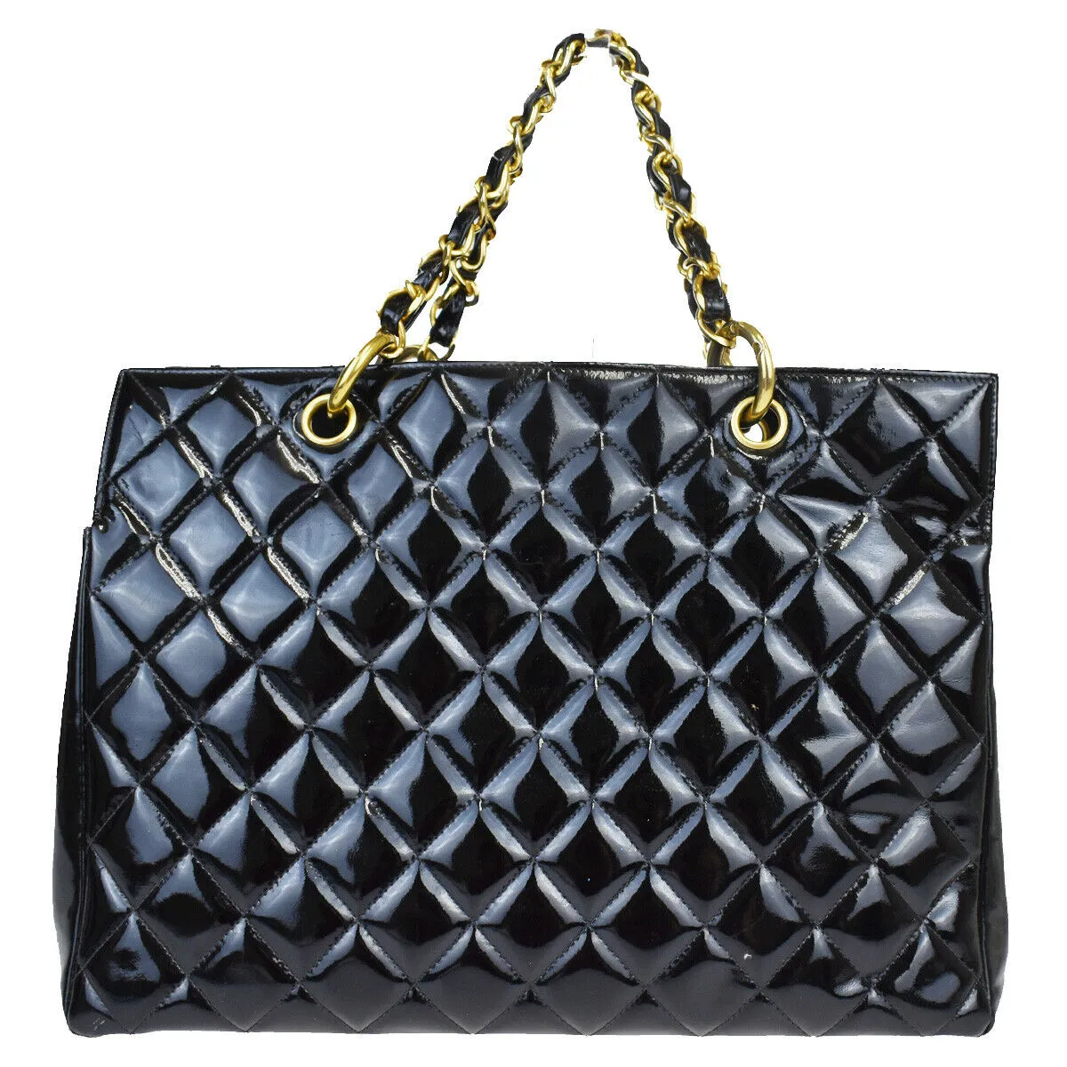 CHANEL CC GST Quilted Chain Hand Bag Patent Leather Black Vintage