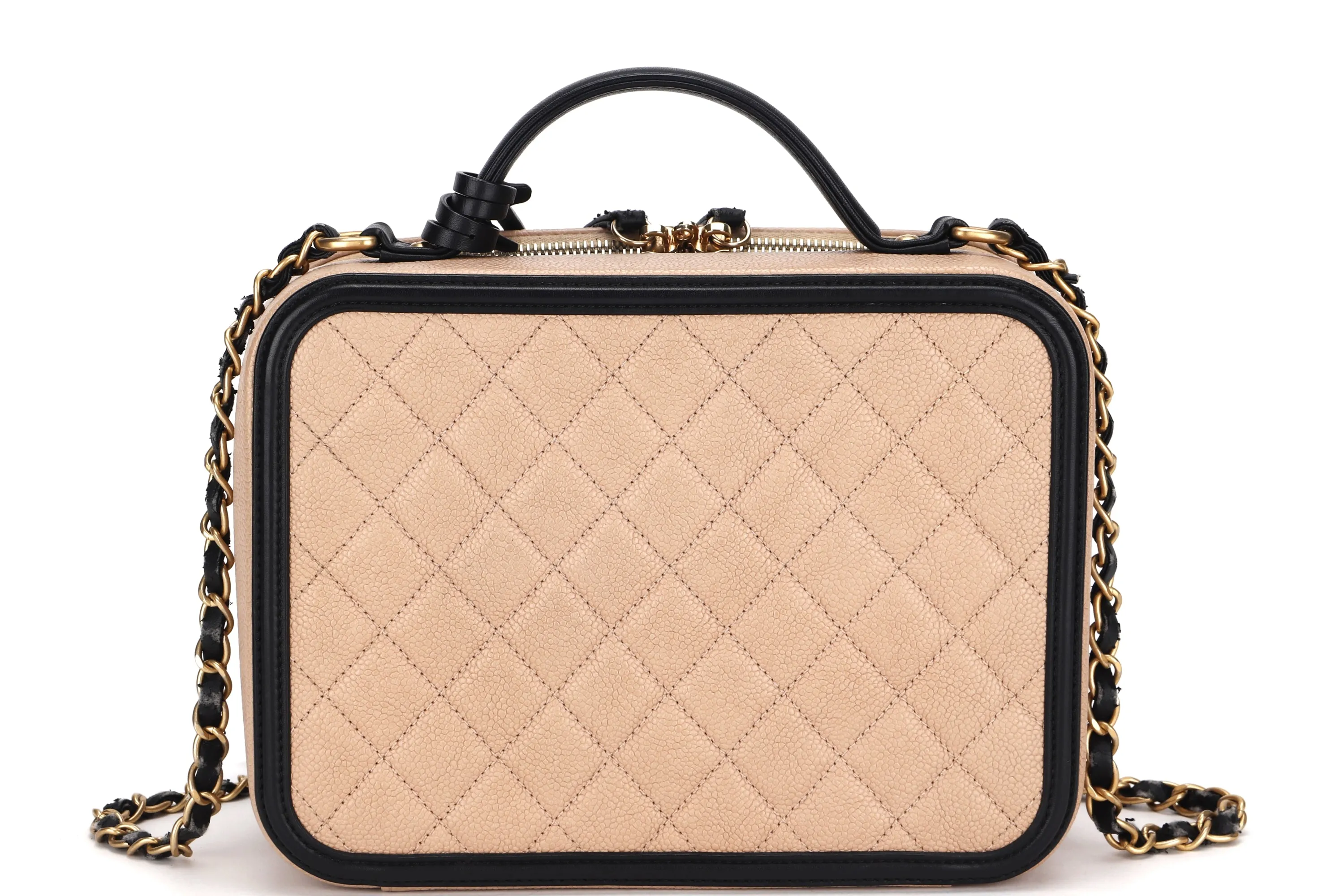 CHANEL FILIGREE VANITY CASE (2805xxxx) LARGE BEIGE & BLACK CAVIAR LEATHER, WITH CARD, LOCK, KEY & DUST COVER