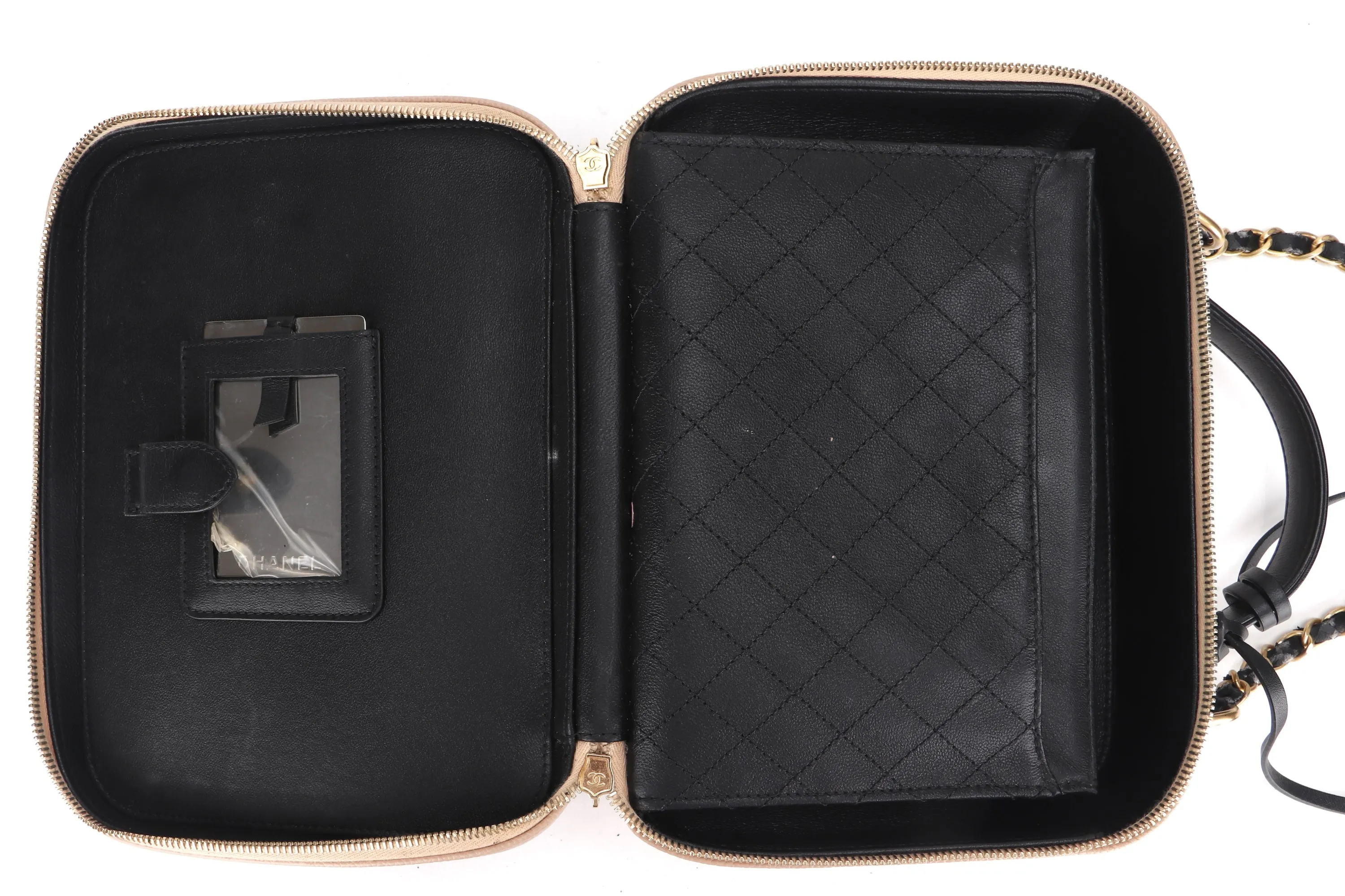 CHANEL FILIGREE VANITY CASE (2805xxxx) LARGE BEIGE & BLACK CAVIAR LEATHER, WITH CARD, LOCK, KEY & DUST COVER