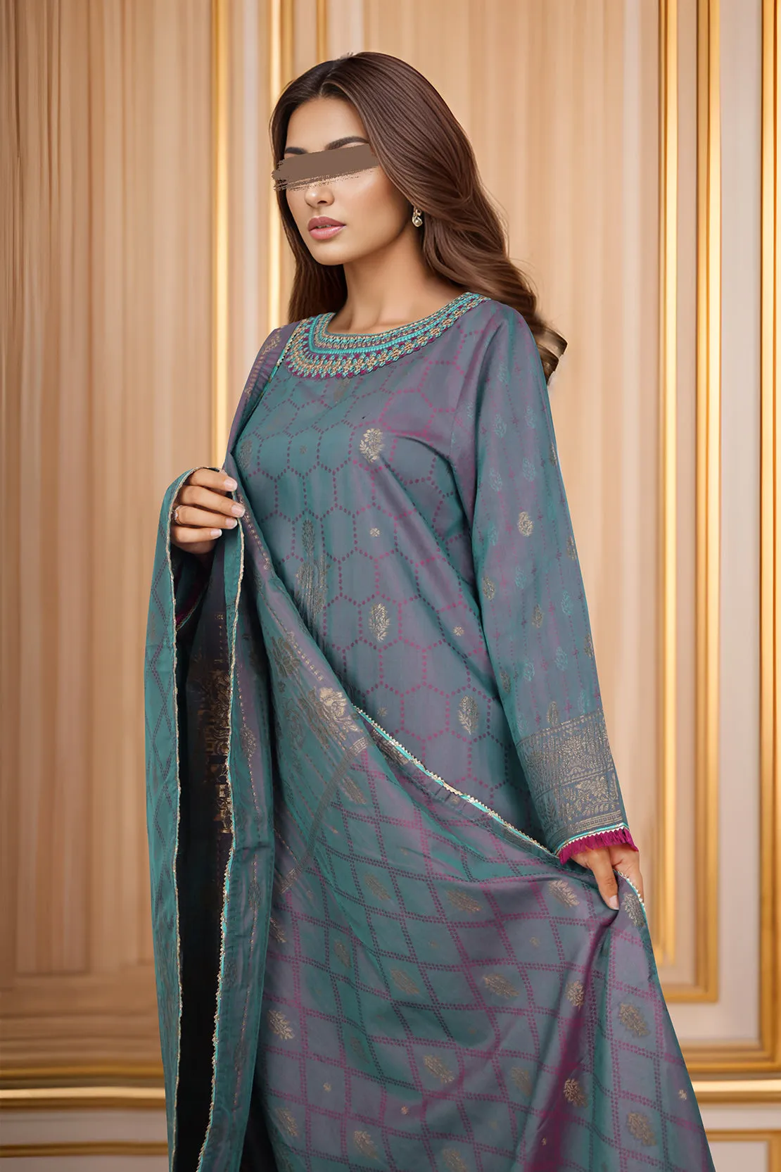 Cotton Jacquard Embroidered Stitched 2 Piece (Shirt/Dupatta)