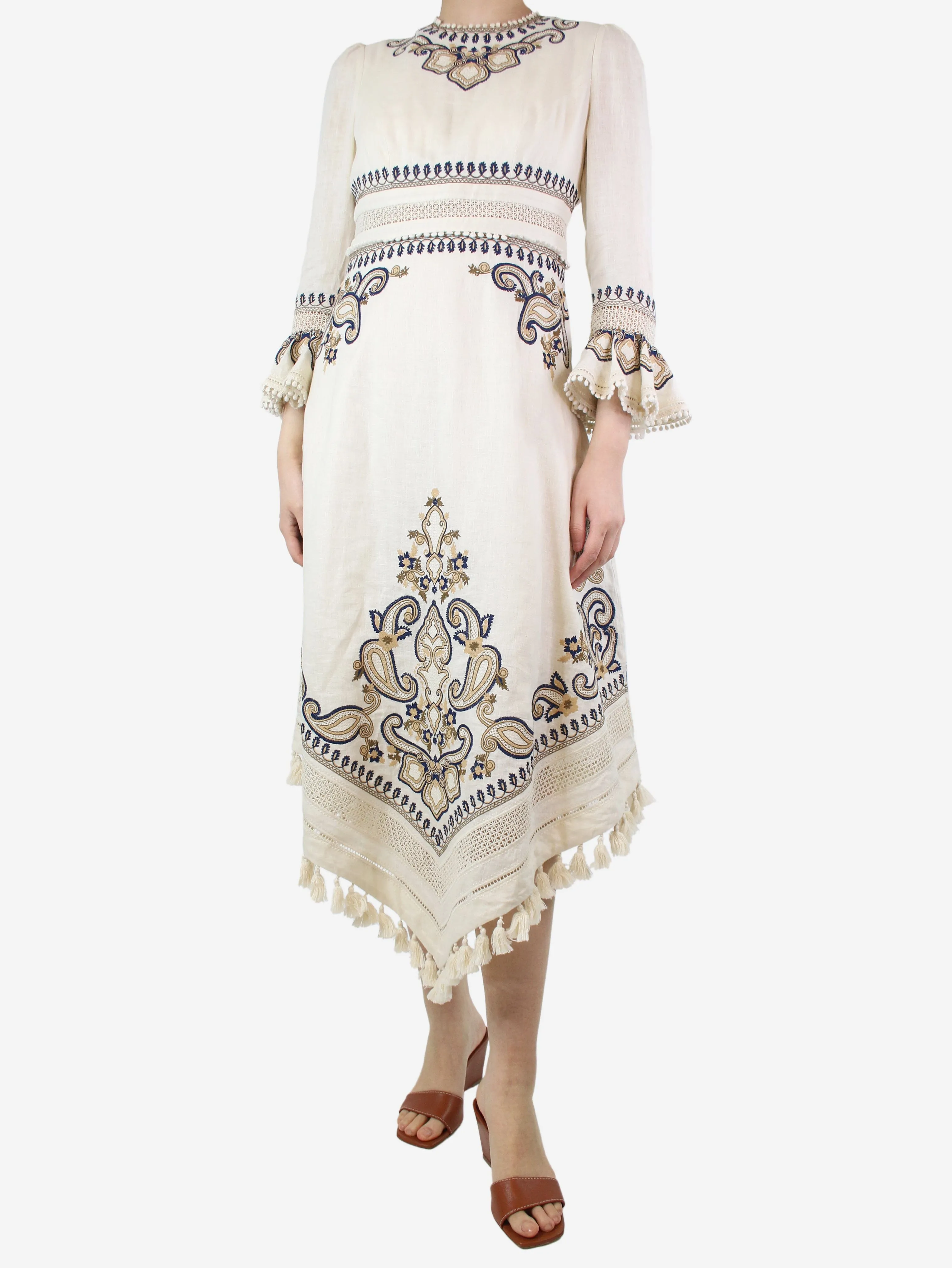 Cream embroidered linen midi dress - size UK 10