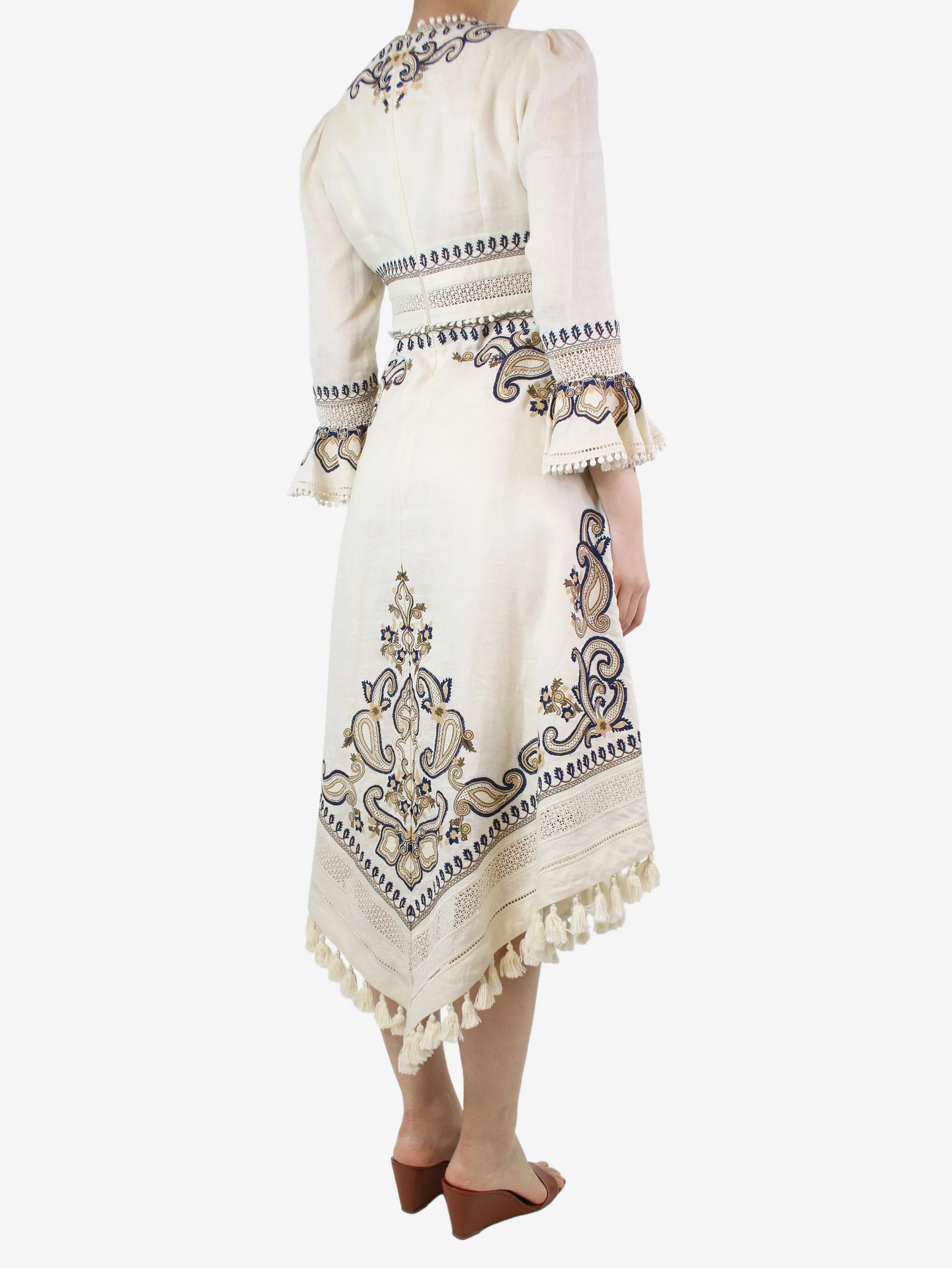 Cream embroidered linen midi dress - size UK 10