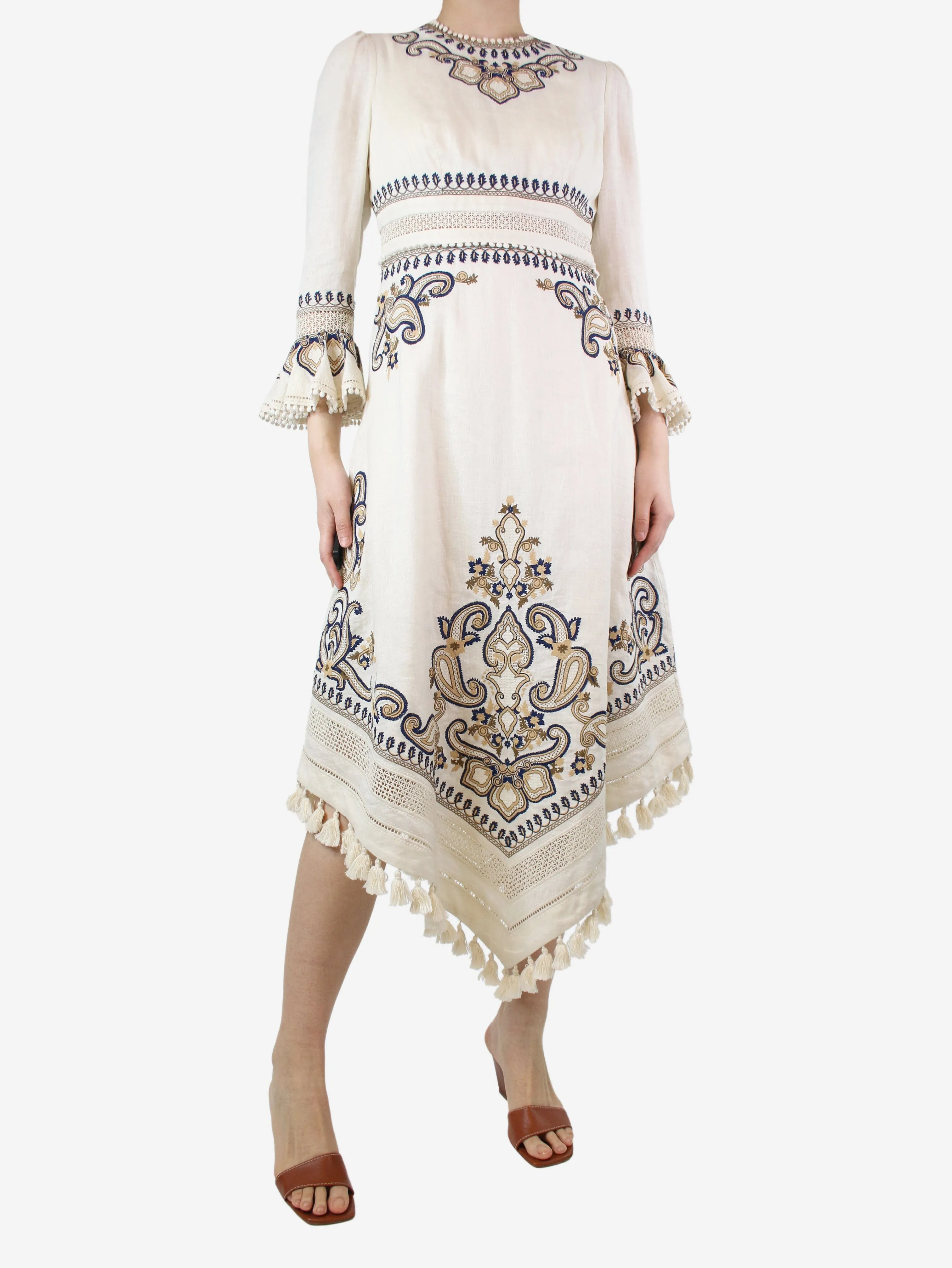 Cream embroidered linen midi dress - size UK 10