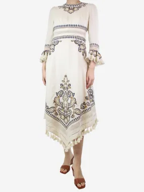 Cream embroidered linen midi dress - size UK 10