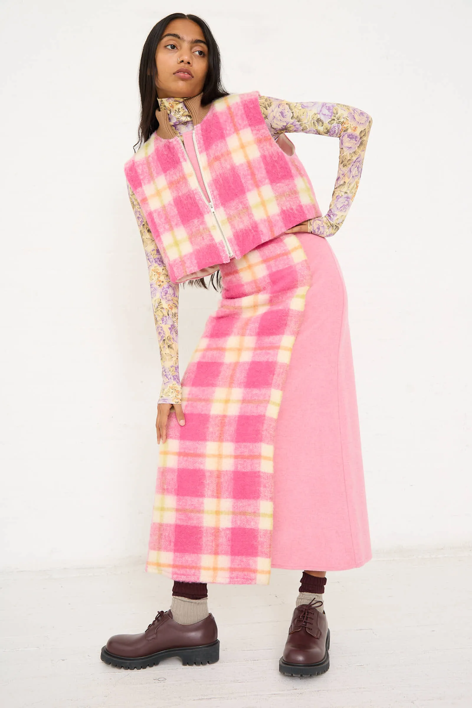 Crossed Skirt in White, Pink and Green Check