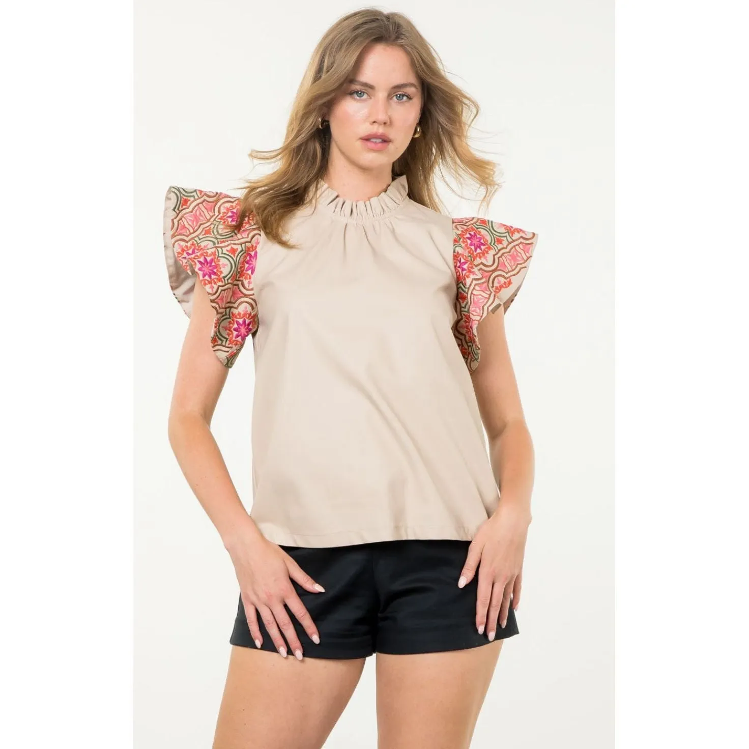 Darcey Embroidered Sleeve Tan Leather Textured THML Top