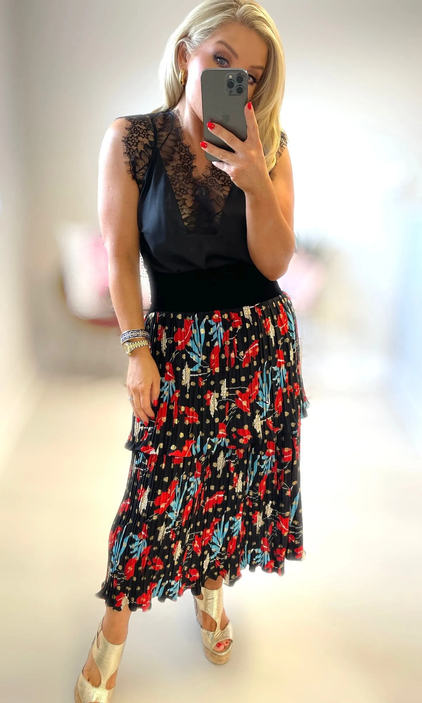 DAYA LAYERED SKIRT - BLUE & RED FEATHER