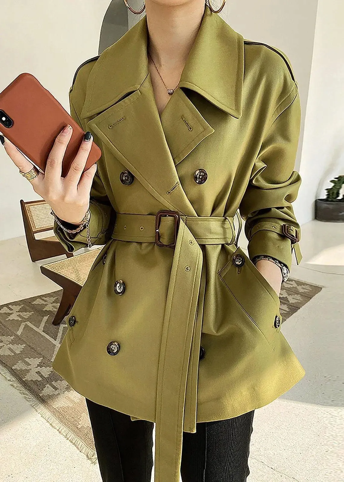 Double Breasted Belted Twill Trench Coat