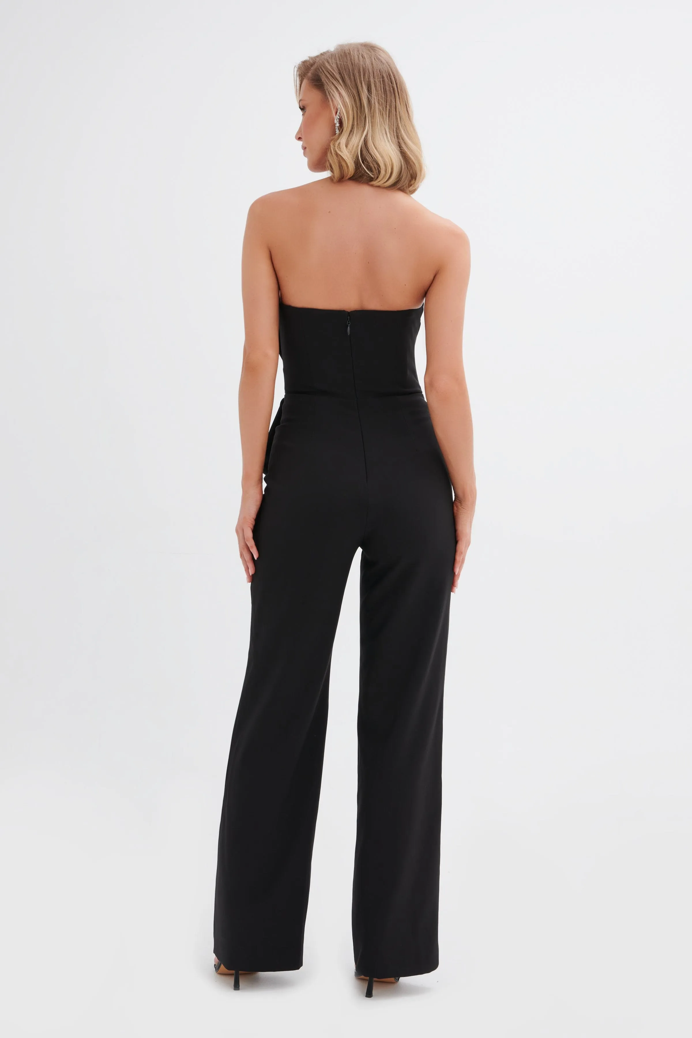 ELARA Asymmetric Pleated Frill Straight Leg Jumpsuit in Black