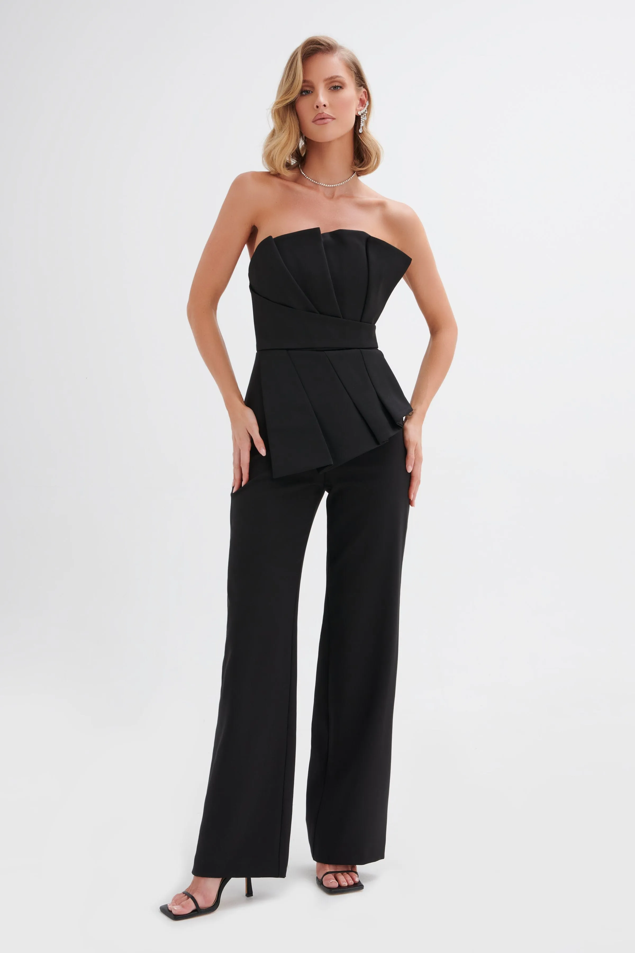 ELARA Asymmetric Pleated Frill Straight Leg Jumpsuit in Black