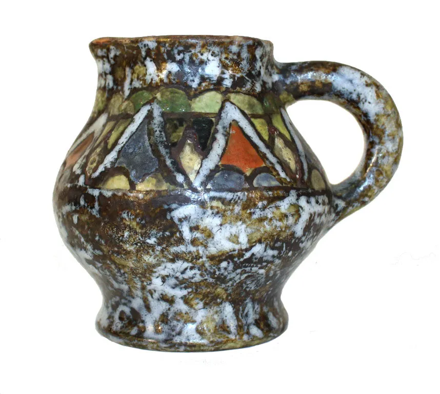 Enamel Glazed Polychrome Stoneware Pitcher