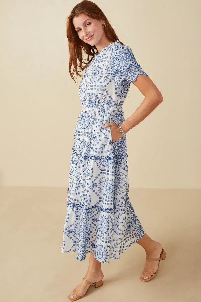 Eyelet Embroidered Dress in Blue and White