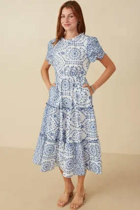 Eyelet Embroidered Dress in Blue and White