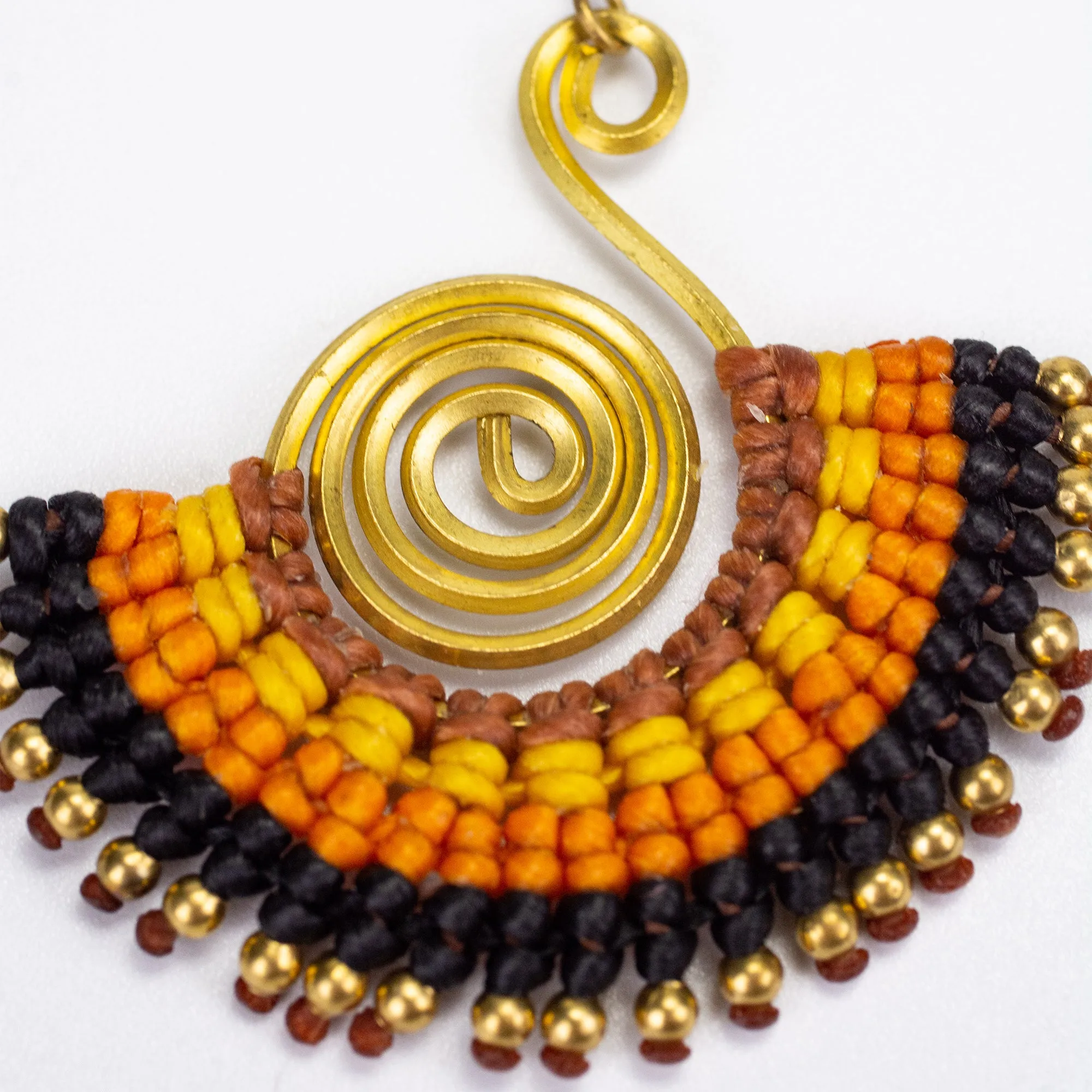 Fan Black Orange Waxed String Spiral Brass Earrings