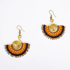 Fan Black Orange Waxed String Spiral Brass Earrings