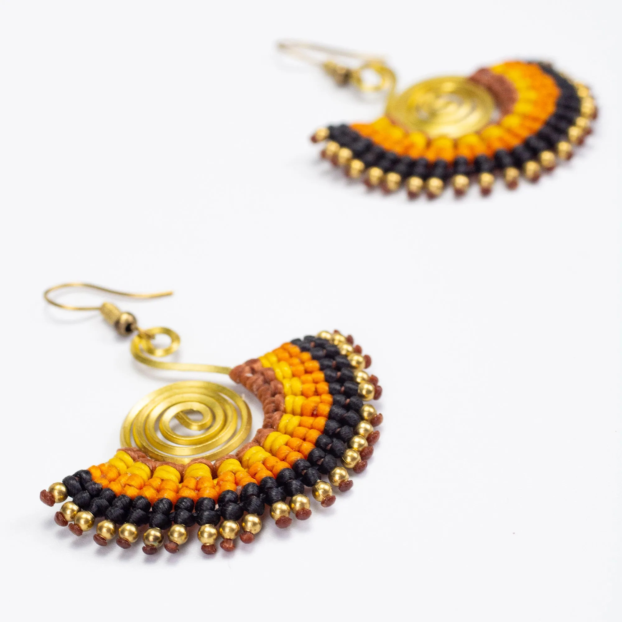 Fan Black Orange Waxed String Spiral Brass Earrings