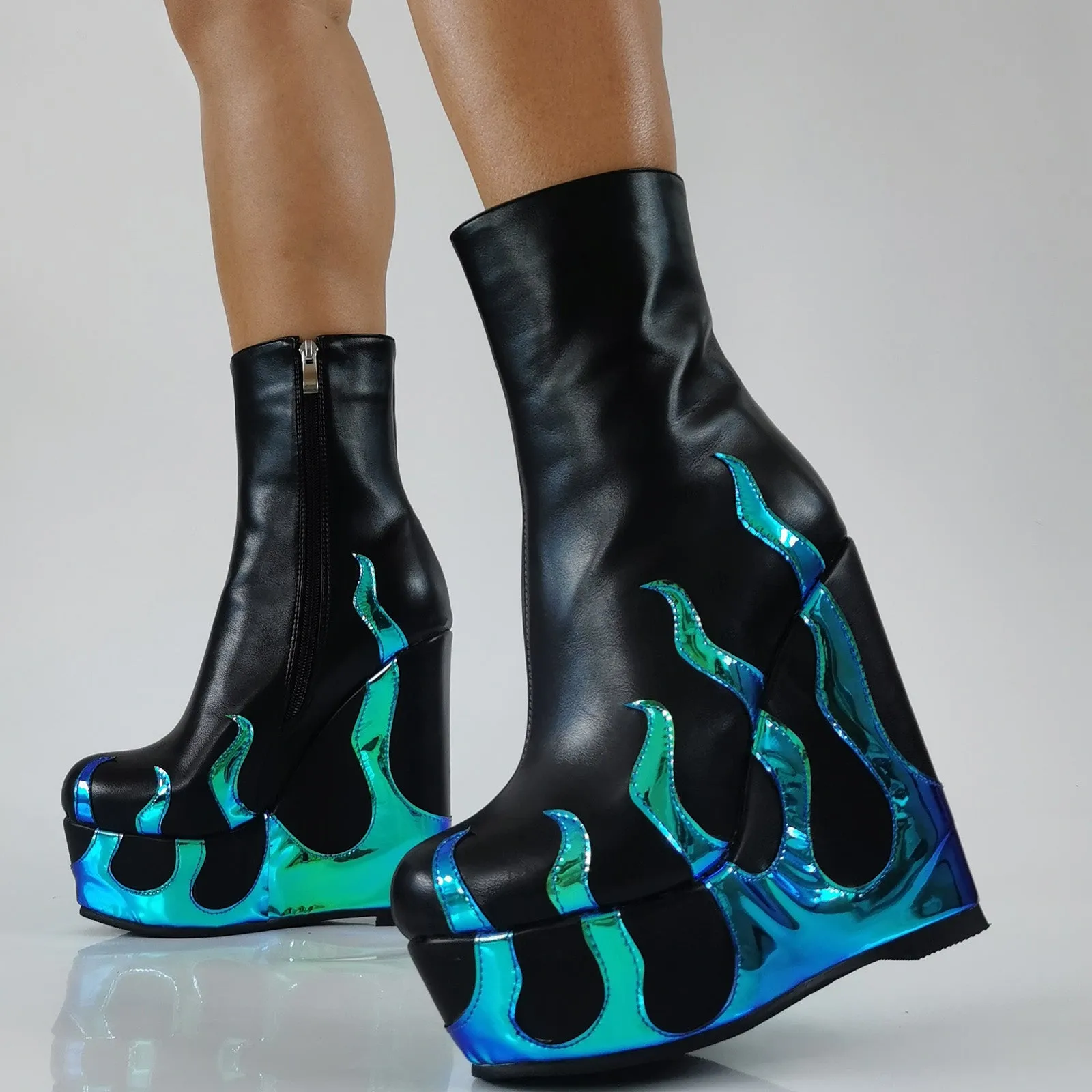 Flame Print Platform Round Toe Wedge Heel Boots