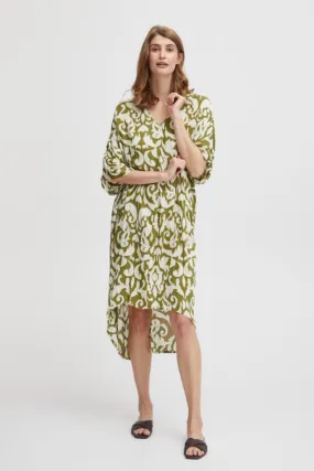 Fransa Relaxed Printed Dress Moss Green Ivory